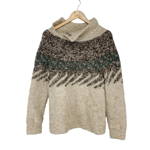 VINTAGE Handmade Nordic 100% Wool Beige Green Brown Wool Knit Pullover sz - Picture 1 of 14